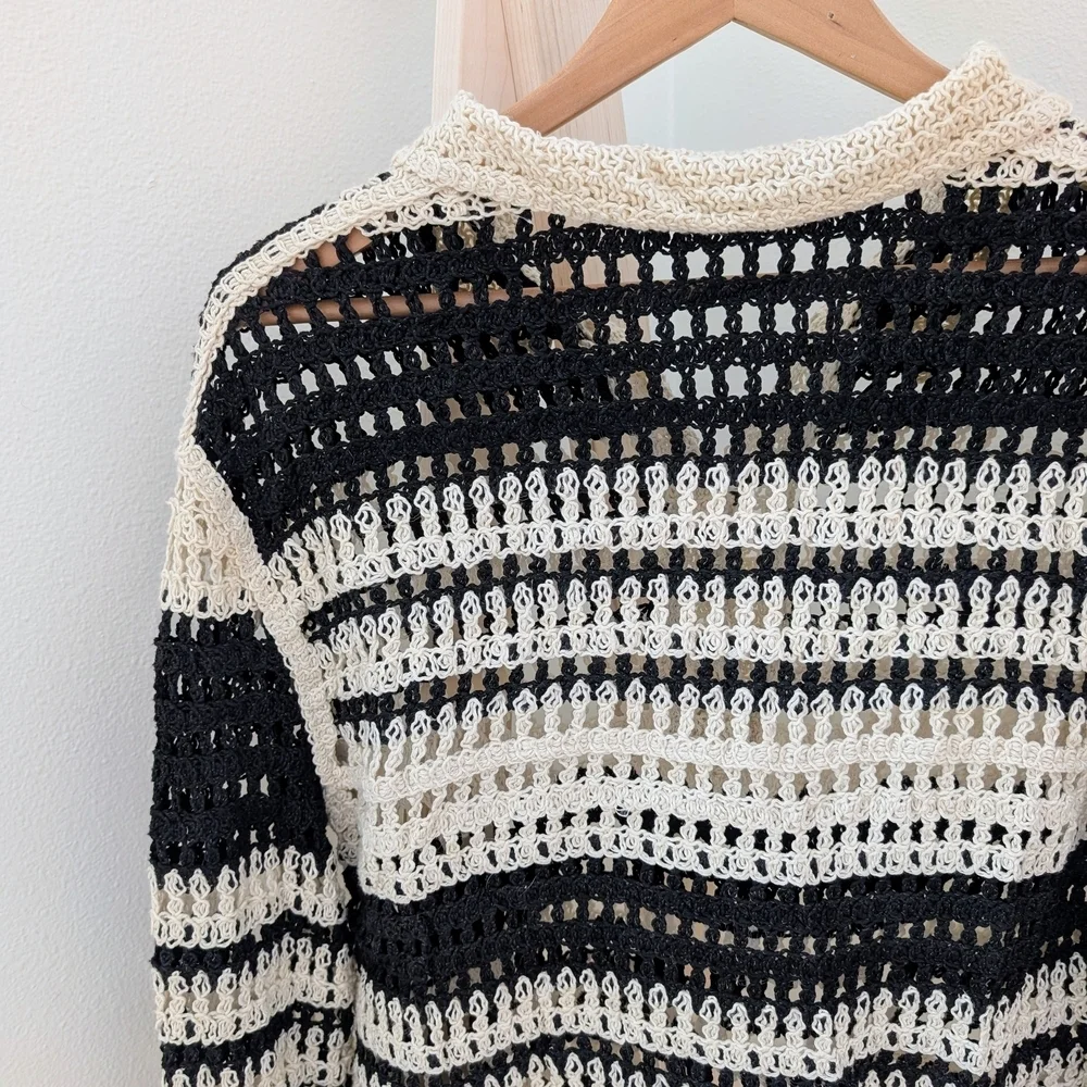 Zara Crochet Open Knit Striped Collared Henley Top In Black/Ivory